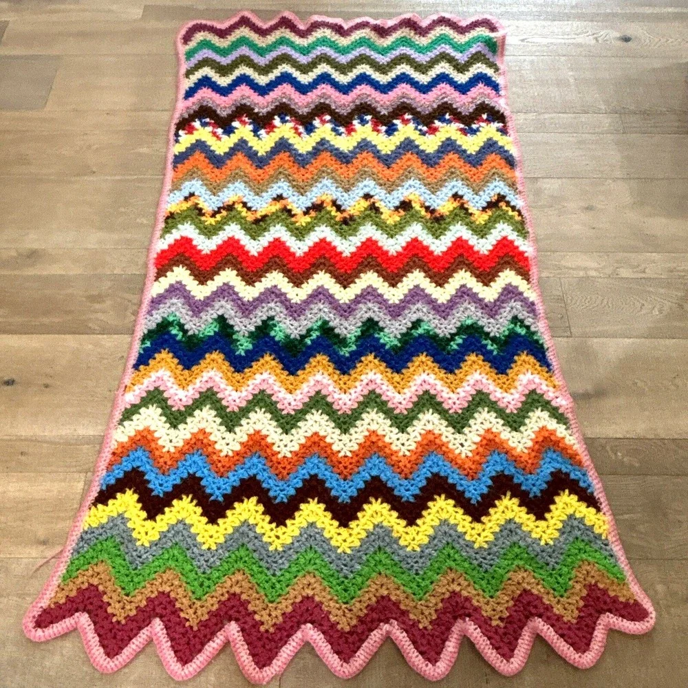 Vintage Crochet Zig Zag Afghan Blanket Throw Colorful Chevron‎ Pattern 63